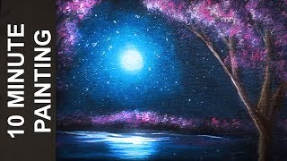 Painting a Moonlit Cherry Blossom Tree Forest with Acrylics in 10 Minutes [upl. by Nocaed5]