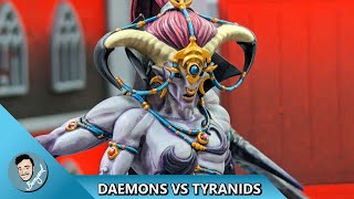 DAEMONS VS TYRANIDS WARHAMMER BATTLE REPORT [upl. by Asirap118]