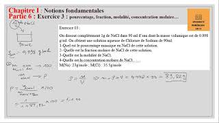 16  exercice 3  Pourcentage fraction molarité concentration molaire [upl. by Hoebart121]