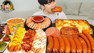 ASMR MUKBANG 직접 만든 대왕 소세지 불닭볶음면 핫도그 쉬림프링 먹방 amp 레시피 FIRE NOODLES AND SAUSAGE EATING SOUND [upl. by Refinne384]