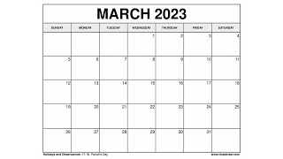 Printable March 2023 Calendar Templates with Holidays  VL Calendar [upl. by Ojahtnamas]