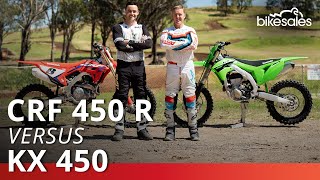 Honda CRF450R v Kawasaki KX450 2023 Comparison [upl. by Annwahs516]