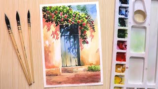 Watercolor painting for beginners beautiful flower tree and simple door [upl. by Checani533]