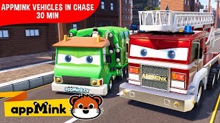 appMink car animation – Police car crane truck firetruck and Monster truck chase [upl. by Atlas]