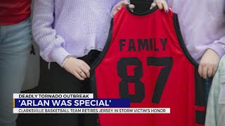 Clarksville basketball team retires jersey in tornado victims honor [upl. by Lletnwahs]