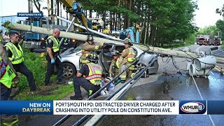 Portsmouth Police Department Distracted driver charged after crashing into utility pole on Const [upl. by Tedd]