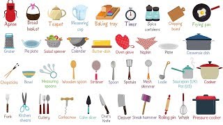 List of Essential Kitchen Utensils  Learn Names of Kitchen Tools in English [upl. by Sandell]