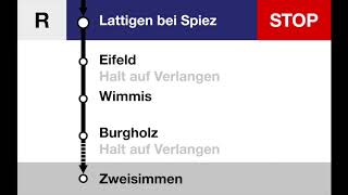 BLS Ansagen  Regio Lötschberger Spiez – Wimmis – OeyDiemtigen – Erlenbach – Boltigen – Zweisimmen [upl. by Gassman495]