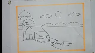 village scenery drawing for kids  very easy landscape drawing for beginners [upl. by Ytissac420]