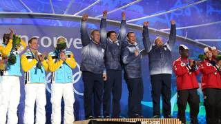 Olympics  USA 4 Man Bobsled Gold Medal Ceremony [upl. by Ardnassak]