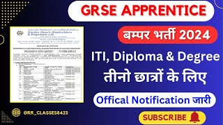 GRSE Recruitment 2024✅GRSE Apprentice bharti 2024 GRSE Vacancy 2024 GRSE Official Notice जारी [upl. by Eelrefinnej891]