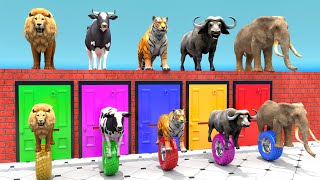 Cow Mammoth Elephant Tiger Buffalo Guess The Right Door ESCAPE ROOM CHALLENGE Animals Tire Game [upl. by Rives]