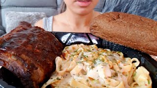 ASMR EATING OUTBACK STEAKHOUSE ALFREDO FETTUCCINE PASTA FRIES BBQ RIBS REAL SOUND TWILIGHT SHOW [upl. by Layney]