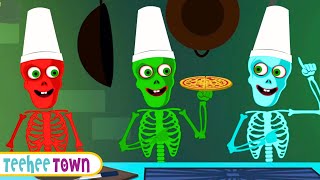 Five Skeletons Cooking Pizza At Halloween Party  Spooky Scary Songs By Teehee Town [upl. by Tremayne18]