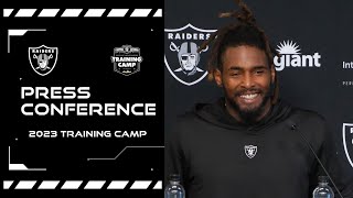 Thayer Munford Jr Brandon Bolden and Divine Deablo Presser  8423  2023 Training Camp  Raiders [upl. by Eilraep537]