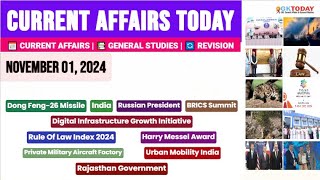 01 November 2024 Current Affairs Today Top MCQs with Static GK amp Detailed Revision by GKTODAY 🎯 [upl. by Abell525]