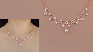 DIY Beaded Lace Necklace with Pearls and Seed Beads How to Make Beaded Jewelry Beading Tutorial [upl. by Alyson]