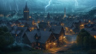 Medieval City Night Ambience  Relaxing Heavy Rain amp Thunderstorm Sounds Blacksmiths White Noise [upl. by Luce]