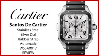 ▶ Cartier Santos De Cartier Chronograph Stainless Steel Silver Dial Rubber Strap WSSA0017  REVIEW [upl. by Ahcsim300]