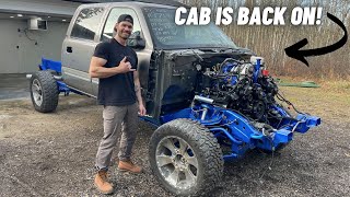 BUILDING A LBZ DURAMAX SEMA TRUCK IN MY GARAGE  PT 13  CAB INSTALL [upl. by Kostival]