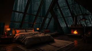 Heavy Rain Storm outside a Cozy Attic Bedroom w Burning Firewood🔥 Rain Sounds for Sleeping 💤 [upl. by Liesa]