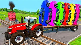 TRANSPORTING PIXAR CARS amp FRUITS WITH COLORED amp JOHN DEERE vs CLAAS vs TRACTORS  BeamNGdrive 962 [upl. by Ydurt819]