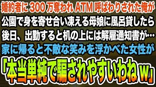 【感動する話】婚約者に300万奪われATM呼ばわりされた俺が公園で身を寄せ合い凍える母娘に風呂貸したら後日、クビ宣告…家に帰ると不敵な笑みを浮かべた女性が「本当単純で騙されやすいわねw」【泣け [upl. by Nilrev216]