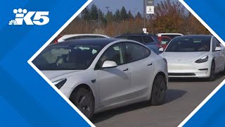 Long lines at electric vehicle charging stations after Washington bomb cyclone [upl. by Fillbert]