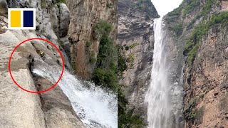 Tourist discovers waterfall in China supplied through pipes [upl. by Boles]