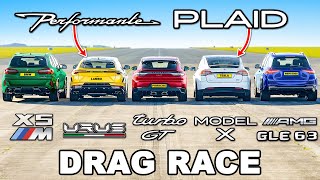 The Worlds Quickest SUVs DRAG RACE New Urus PERF v Model X PLAID v X5M v Turbo GT v GLE 63 S [upl. by Gregor]