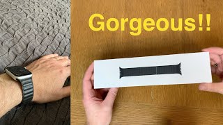 Apple Black Leather Link Magnetic Watch Band for the Apple Watch  unboxing and handson [upl. by Nivag531]