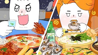 눈 오는 날 포장마차 먹방 매운닭발 파전 닭똥집 국수애니먹방 Steet food vendor Mukbang  Animation ASMR [upl. by Beekman]