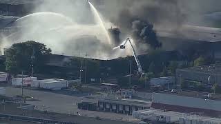 Huge industrial fire in Toronto  AERIAL VIEW FROM CTV NEWS CHOPPER [upl. by Ayhtnic763]