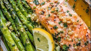 Baked Salmon and Asparagus in Foil  Healthy and tasty baked salmon with lemon butter amp asparagus [upl. by Odele]