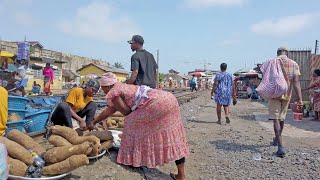 4K LOCAL TRAIN STATION MARKET IN GHANA ACCRA MAKOLA AFRICA [upl. by Eedya955]