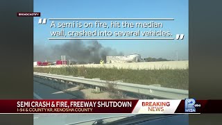 Semitruck fire shuts down I4194 near Kenosha [upl. by Nathan]