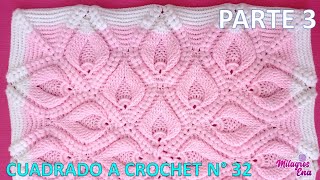 PARTE 3 Como tejer el Cuadro o cuadrado N° 32 a crochet en punto hojas rellenas en relieves y espiga [upl. by Telfore840]