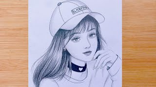 Drawing Tutorial  How to draw a girl with Blackpink cap  step by step Pencil Sketch for beginners [upl. by Malachy]