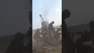 Ukrainian artillery fire howitzers at Russian targets on the Kherson frontline [upl. by Ahsiyt]