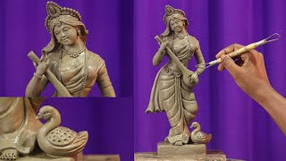 Saraswati mata murti making  2023 new model standing Saraswati murti  clay art [upl. by Atiuqam462]