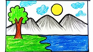 Scenery drawing for kids  How to draw easy scenery drawing  step by step [upl. by Jesselyn]