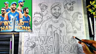 T20 Champions Team india Drawing  Rohit ViratBumrah Hardik  Surya Kumar Yadav Drawing Outline [upl. by Eleen]