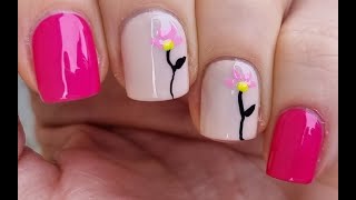 Easy Pink Flower NAIL ART  Girly Short NAILS Design For Beginners  Manicure At Home [upl. by Nilesoy]