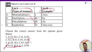 Match List I with List IIList ITypes of stamens List IIExampleA Monoadelphous I CitrusB [upl. by Howenstein]