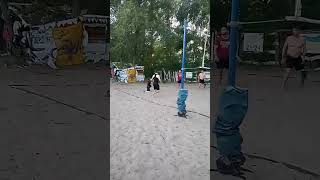 Beach volleyball girl pushes ball over net despite blocking [upl. by Onid]