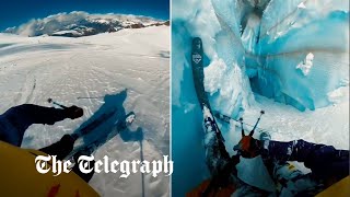 Skier falls down deep glacier cliff and only narrowly avoids falling into the abyss [upl. by Naiva]