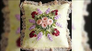 thread flowers embroidery on cushion covers design ribbon flower far dress desingdiyembroidery [upl. by Paynter]