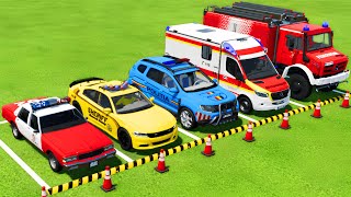 TRANSPORTING POLICE CARS AMBULANCE FIRE DEPARTMENT WITH MAN TRUCKS  Farming Simulator 22 [upl. by Nimaj]