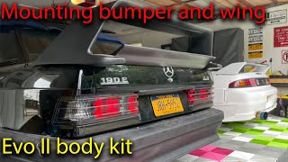 Rear bumper and Wing install for EVO II body kit  Mercedes Benz 190e [upl. by Falito220]