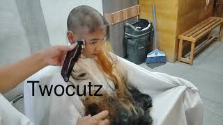 Young female shaved her head in barbershop [upl. by Eslek]